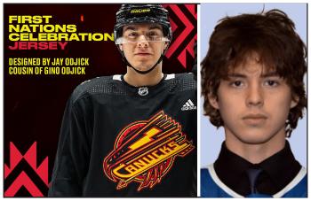 Special jersey for the Canuck celebrates First Nations and Gino Odjick, and Samuel Assinewai is seen in his Cubs hockey jersey.