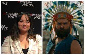 Two photos: At left is a woman standing in front of a banner that has imagineNATIVE printing repeatedly on it. At right is a bearded man wearing a toy or fake feather headdress. He scowls looking toward the camera.