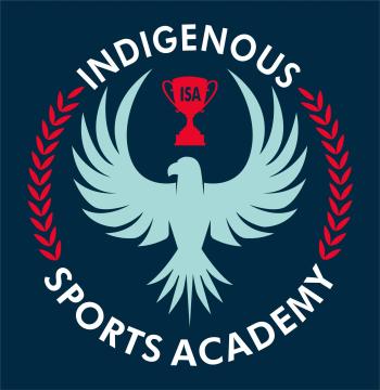 The logo for the Indigenous Sports Academy shows a blue bird with its wings spread out and up with a red trophy above its head.