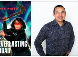 Wab Kinew with book cover for The Everlasting Road