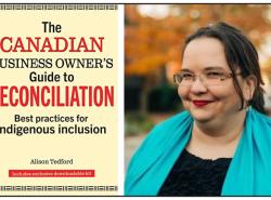 Two photos: At left the cover of a book. At right a smiling woman with glasses wears a blue shawl over a black dress.