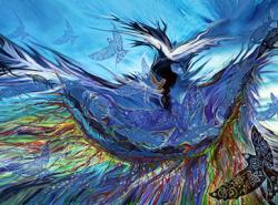 Shawl dancer is surrounded by small purple flowers and symbols representing birds