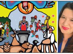 A colourful thunderbird swoops over images of players dunking basketballs while a animals gather at the bottom of what will be a mural on a restaurant.