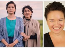 Two photos. A younger woman stands slightly forward in the photo from an older woman who has her hand on the arm of the younger woman. At right a photo of a woman who is smiling.