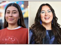 Two head and shoulders photos of two women. One wears an orange sweatshirt featuring syllabics and another wears a shimmery blue dress.
