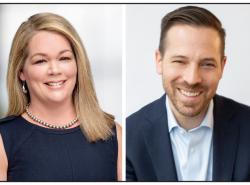 Two photos: On left is a blond woman in a black dress that smiles at the camera, and at right a man with a beard and mustache wears a blue suit and smiles at the camera.