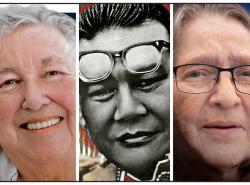 Three photos: Head shots of two women and one man. 