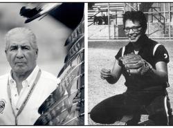 Two photos: At left is an older man holding an eagle staff. At right is a female softball backcatcher, crouching and smiling with her glove raised.