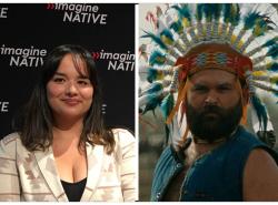 Two photos: At left is a woman standing in front of a banner that has imagineNATIVE printing repeatedly on it. At right is a bearded man wearing a toy or fake feather headdress. He scowls looking toward the camera.