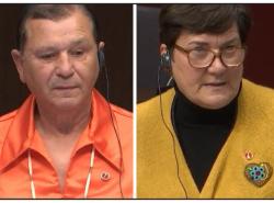 Two photos: At left a man in an orange shirt. At right a woman wearing a mustard coloured sweater. Both where pins on their lapels.