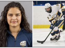 Two photos: At left is a head and shoulders shot of a young woman in a blue golf shirt with a UBC Thunderbirds logo on it. She has long curly hair that hangs over one shoulder. At right is a hockey player on ice. She is in a white jersey with blue and yellow accents. The puck is on her stick as she skates.