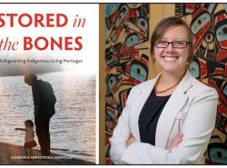 Two photos. At left is the cover of a book with the photo of an old man walking with a toddler along the shoreline. At right is a woman in a white jacket standing against a carved wall hanging. She smiles brightly.