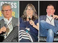 Three photos. Two men and one woman. Each sit in chairs on a stage with microphones in their hands.