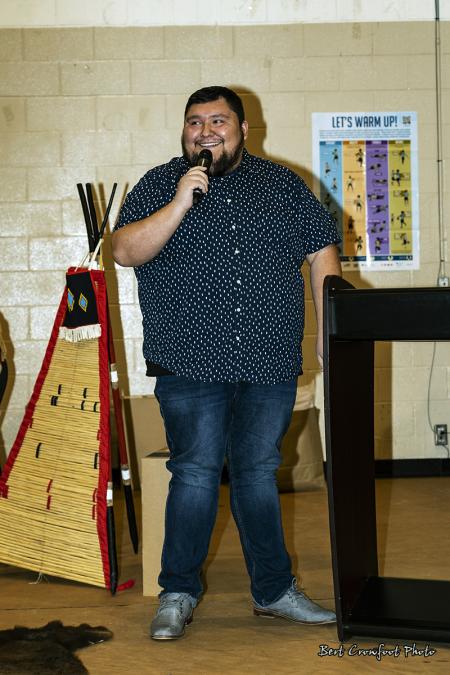 Councillor Carlin Black Rabbit addresses the gathering