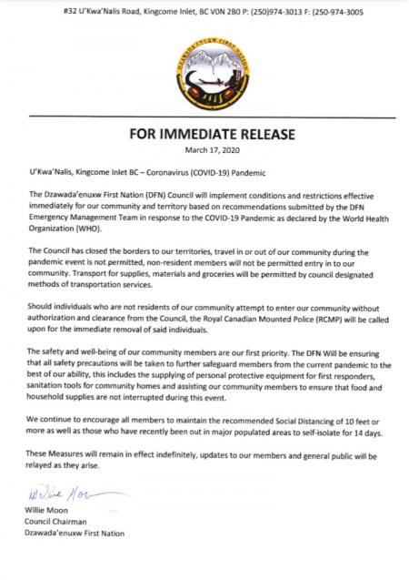 Dzawada’enuxw First Nation closes its borders