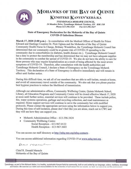 State of Emergency Declaration for the Mohawks of the Bay of Quinte, March 17