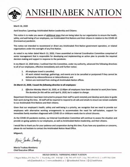 Notice to Anishinabek Leadership and Citizens March 16