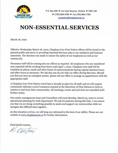 Chapleau Cree First Nation offices  closed