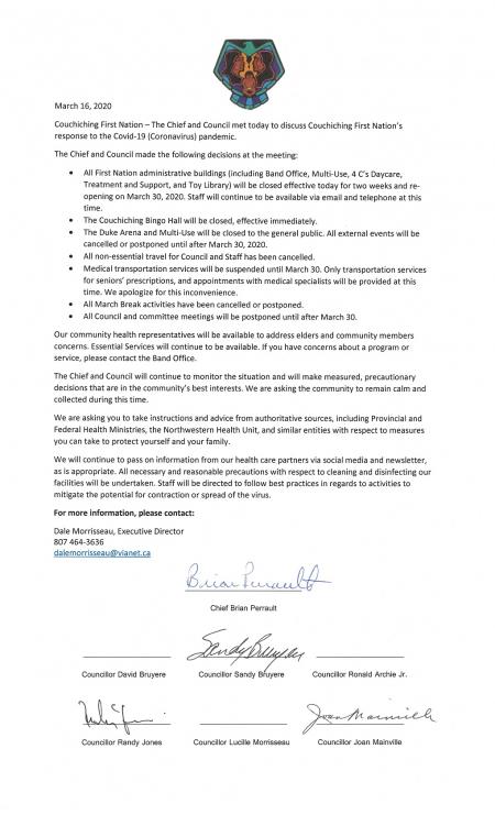 Couchiching First Nation Chief and Council March 16