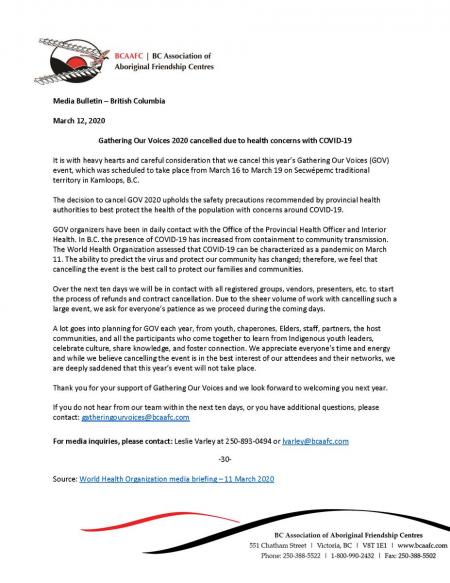 Gathering Our Voices cancellation