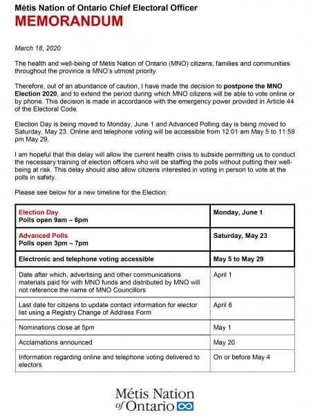 Metis Nation of Ontario Election 2020 postponed